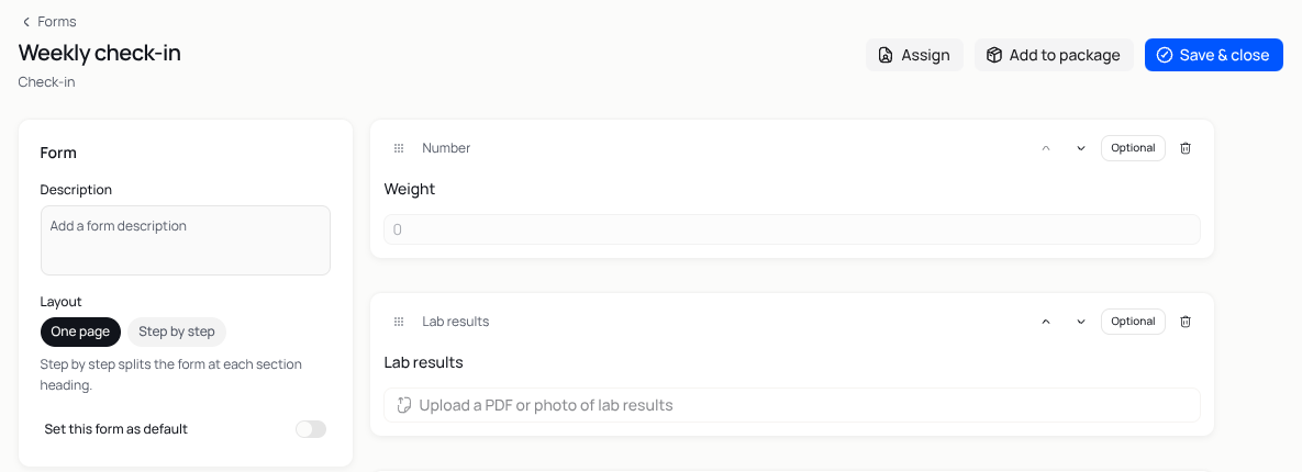 Weekly check-in containing a Lab results question marked Optional, with Save & close at the top.