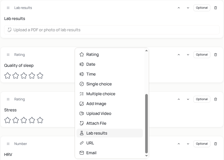 The question type menu with Lab results below Attach File.