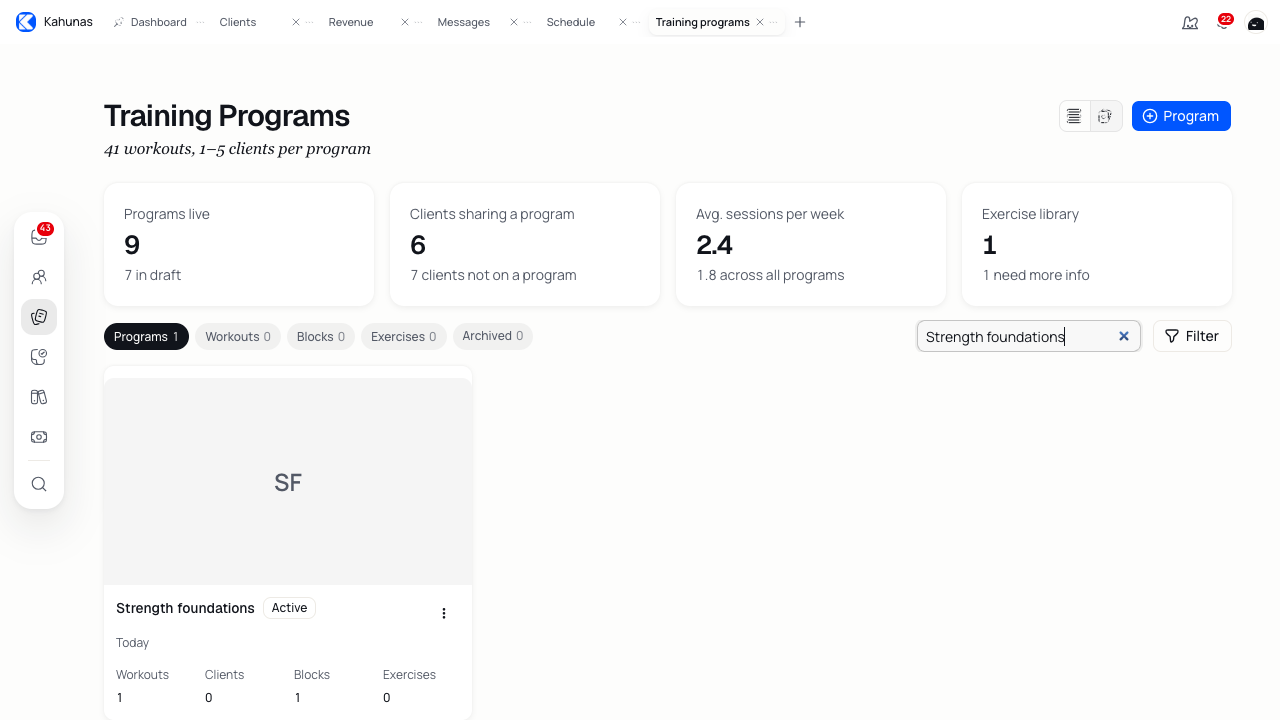 A filtered program library showing Strength foundations in Card view.