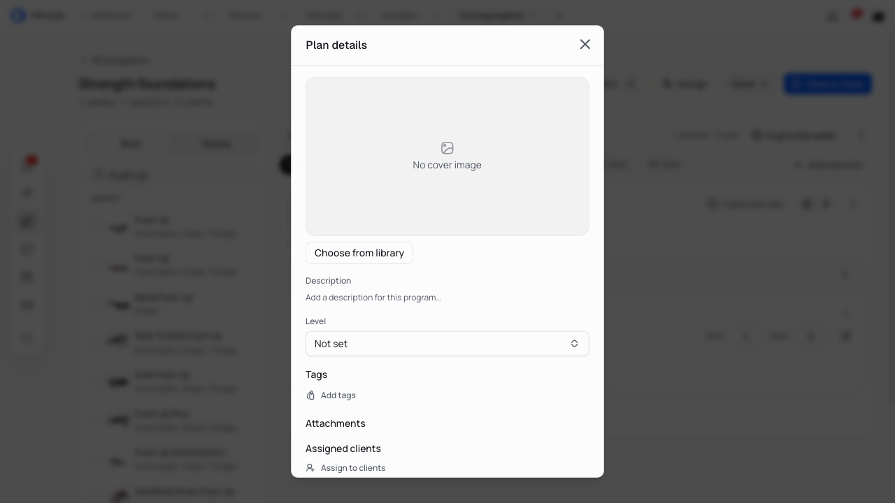 Plan details with description, training level, tags and assigned-client options.