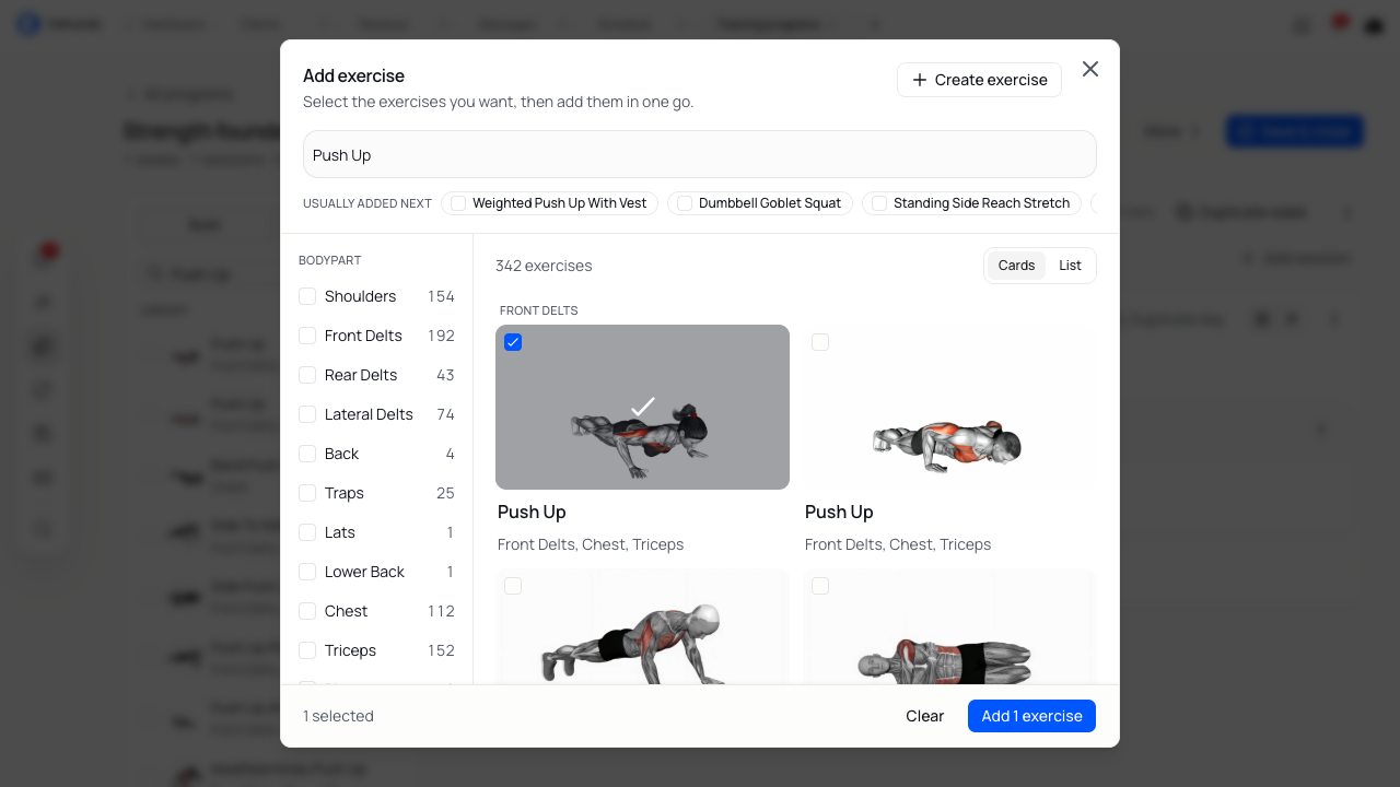 Search results for Push Up with one exercise selected and Add 1 exercise available.