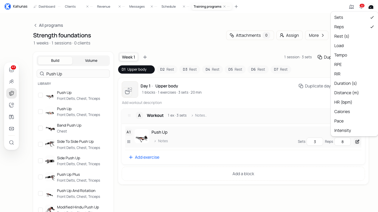 Edit fields lets you choose sets, reps, rest, load and other exercise targets.