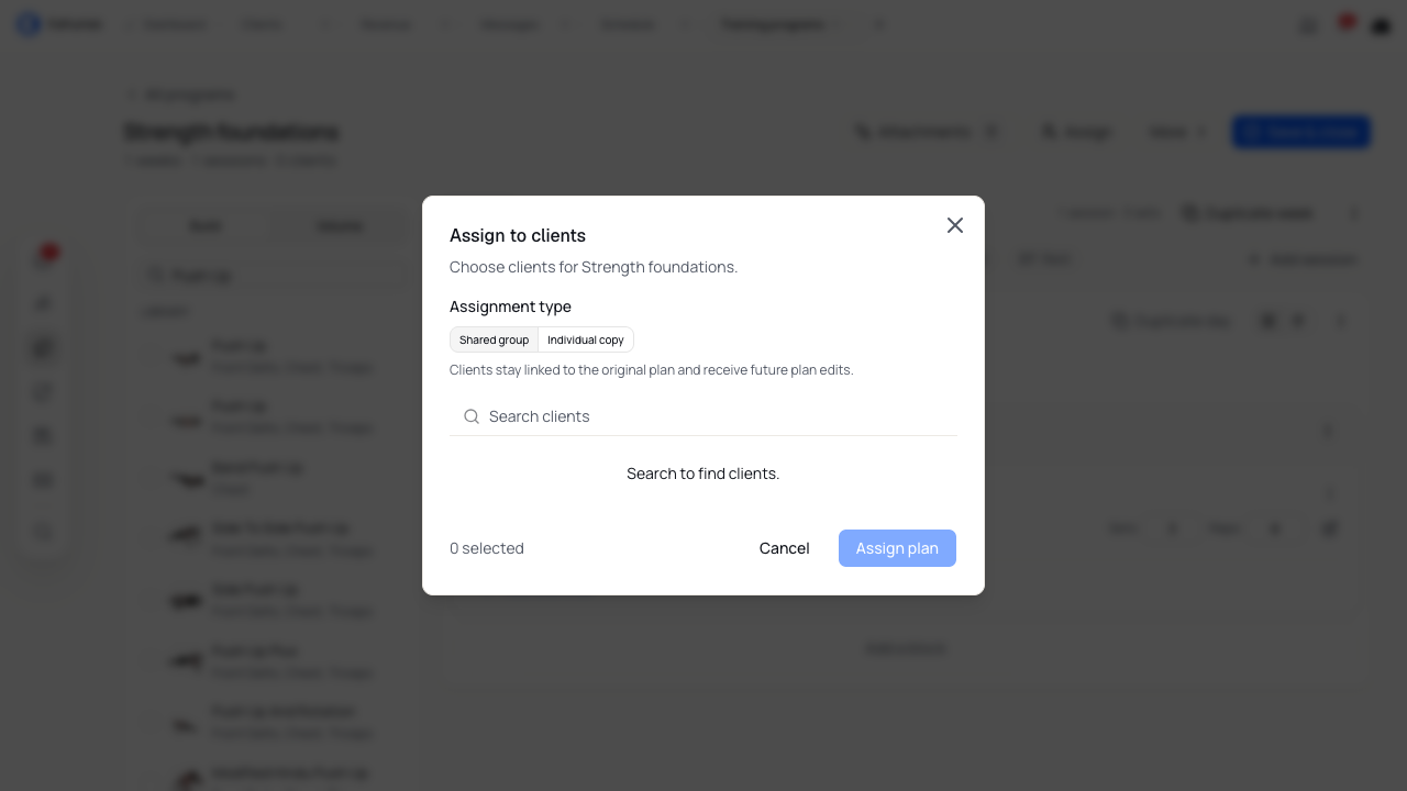 Assignment type offers Shared group and Individual copy before you select clients.