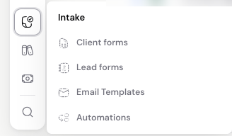 The Intake menu lists Client forms, Lead forms, Email Templates and Automations.