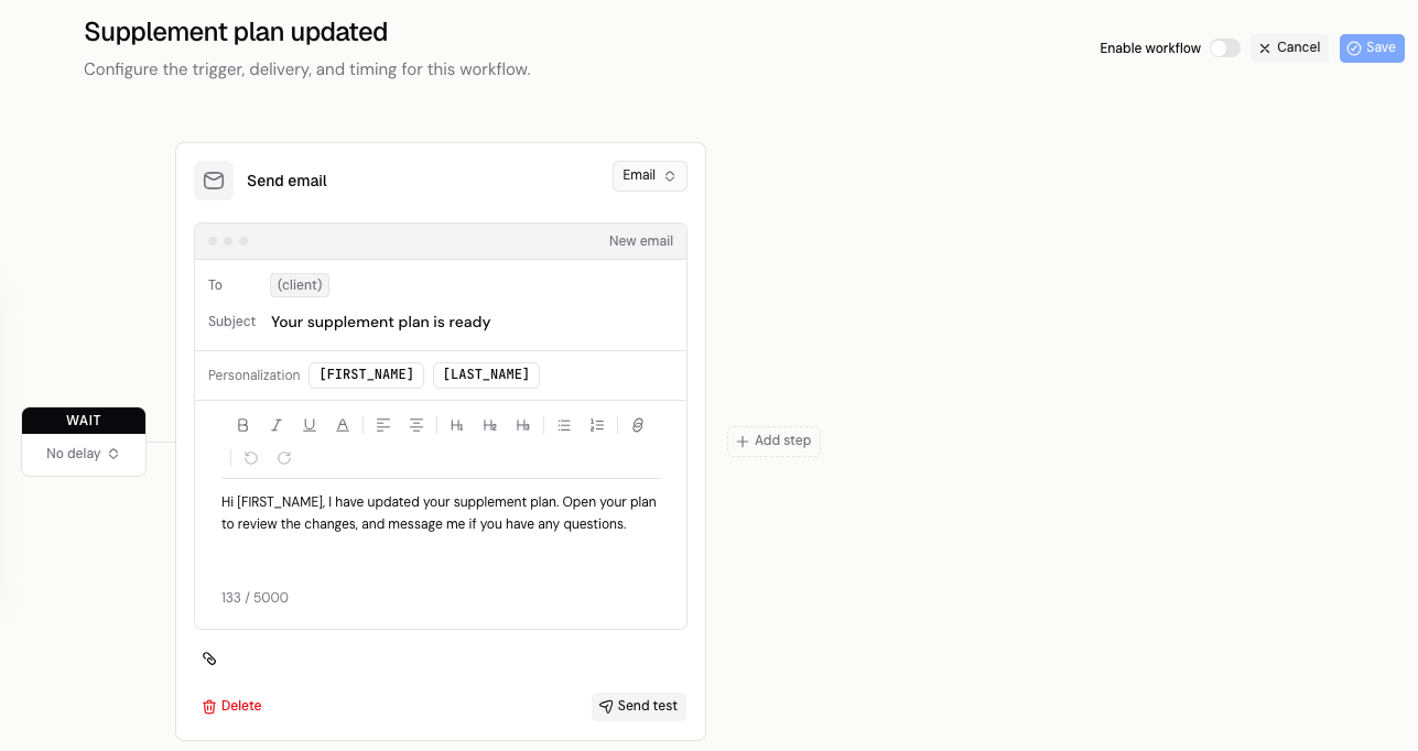 The Supplement plan updated editor with a WAIT card and a Send email step.