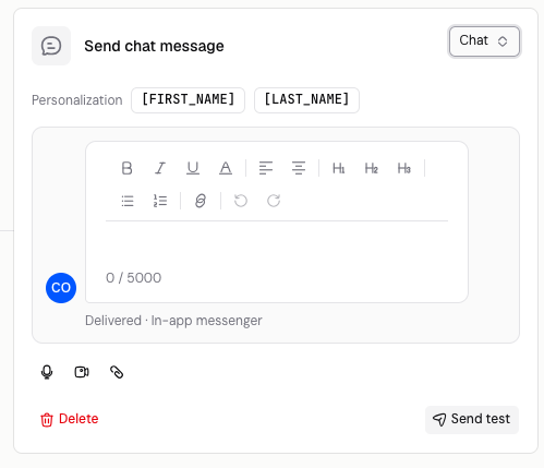 A Send chat message step, marked Delivered · In-app messenger, with voice note, video and file buttons.